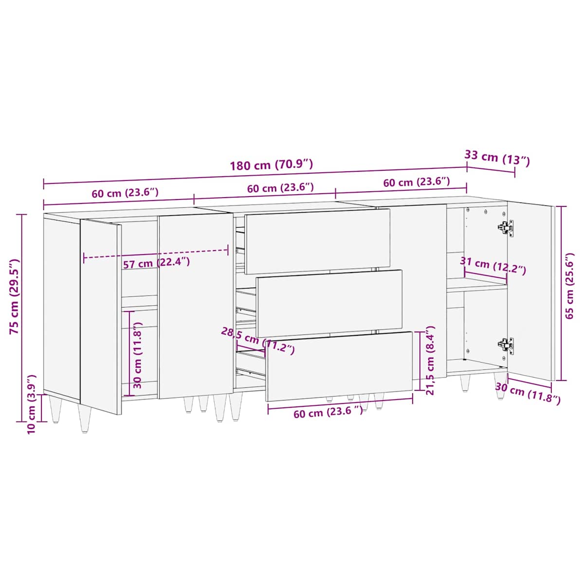 Opbevaringsskabe 3 stk. 180 x 33 x 75 cm Massivt mangotræ - Billede 10