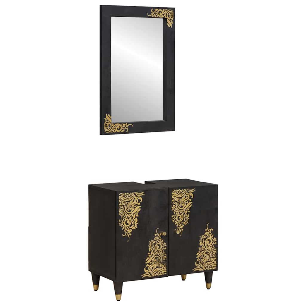 Mobilă și Mobilier - Set dulap baie Pe perete cu ușă 2 pcs Negru Lemn de mango solid