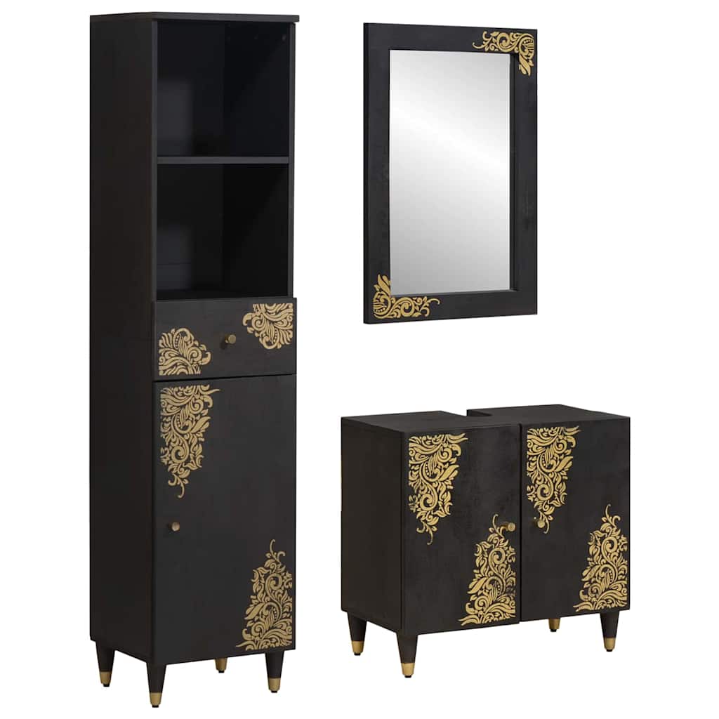 Mobilă și Mobilier - Set dulap baie cu sertar cu ușă 3 pcs Negru Lemn de mango solid