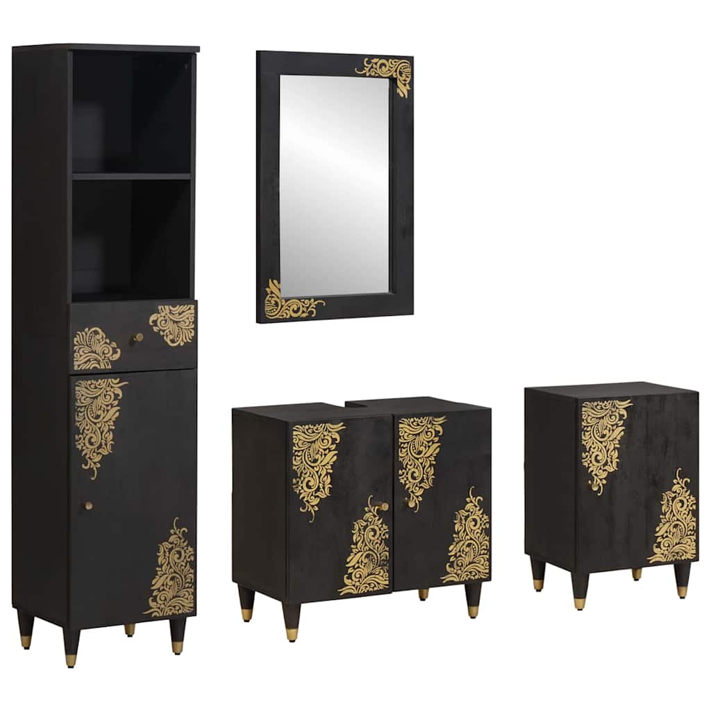 Mobilă și Mobilier - Set dulap baie cu sertar cu ușă 4 pcs Negru Lemn de mango solid