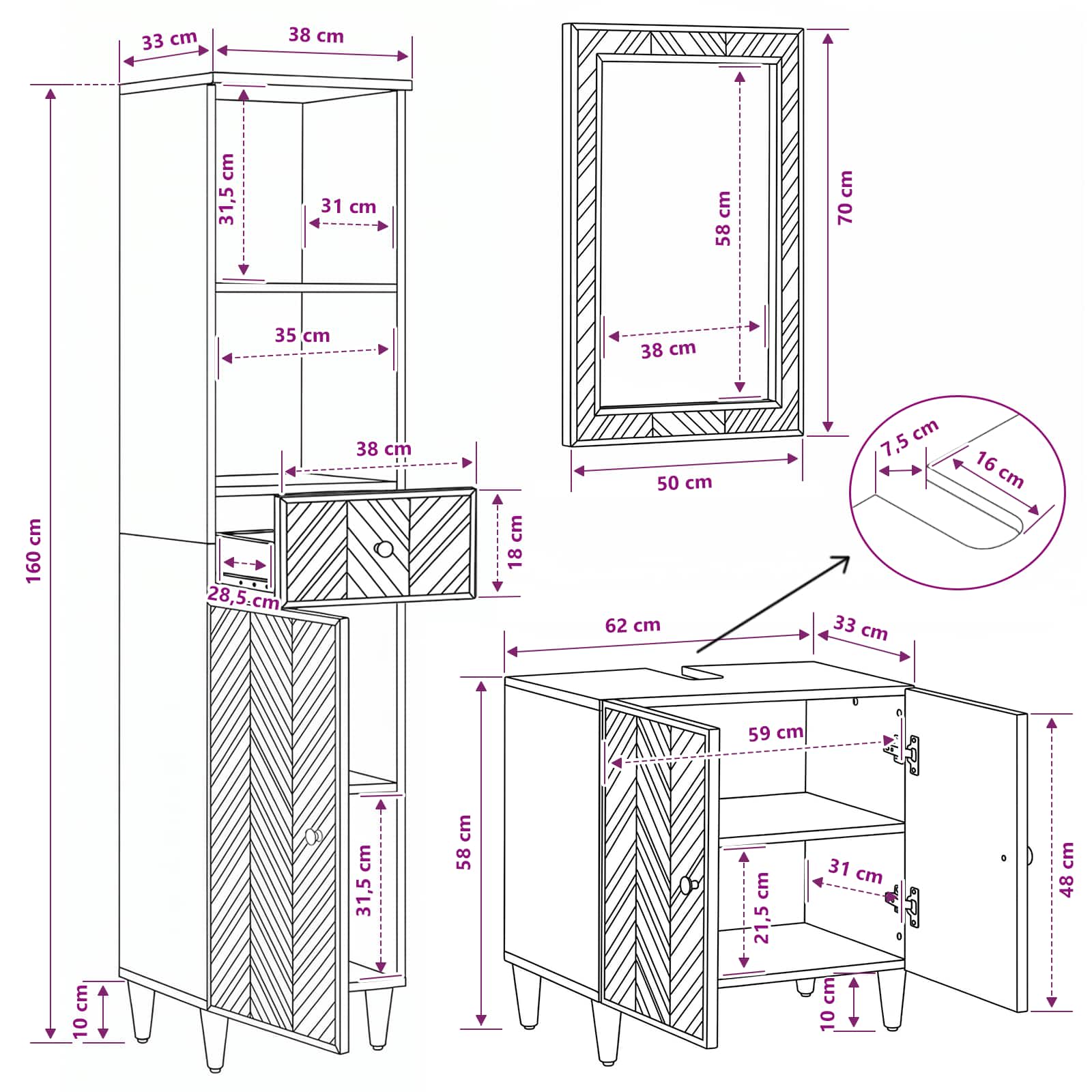 Badkamerkastenset met lade met opslag 3 pcs Massief Mango Hout image 16