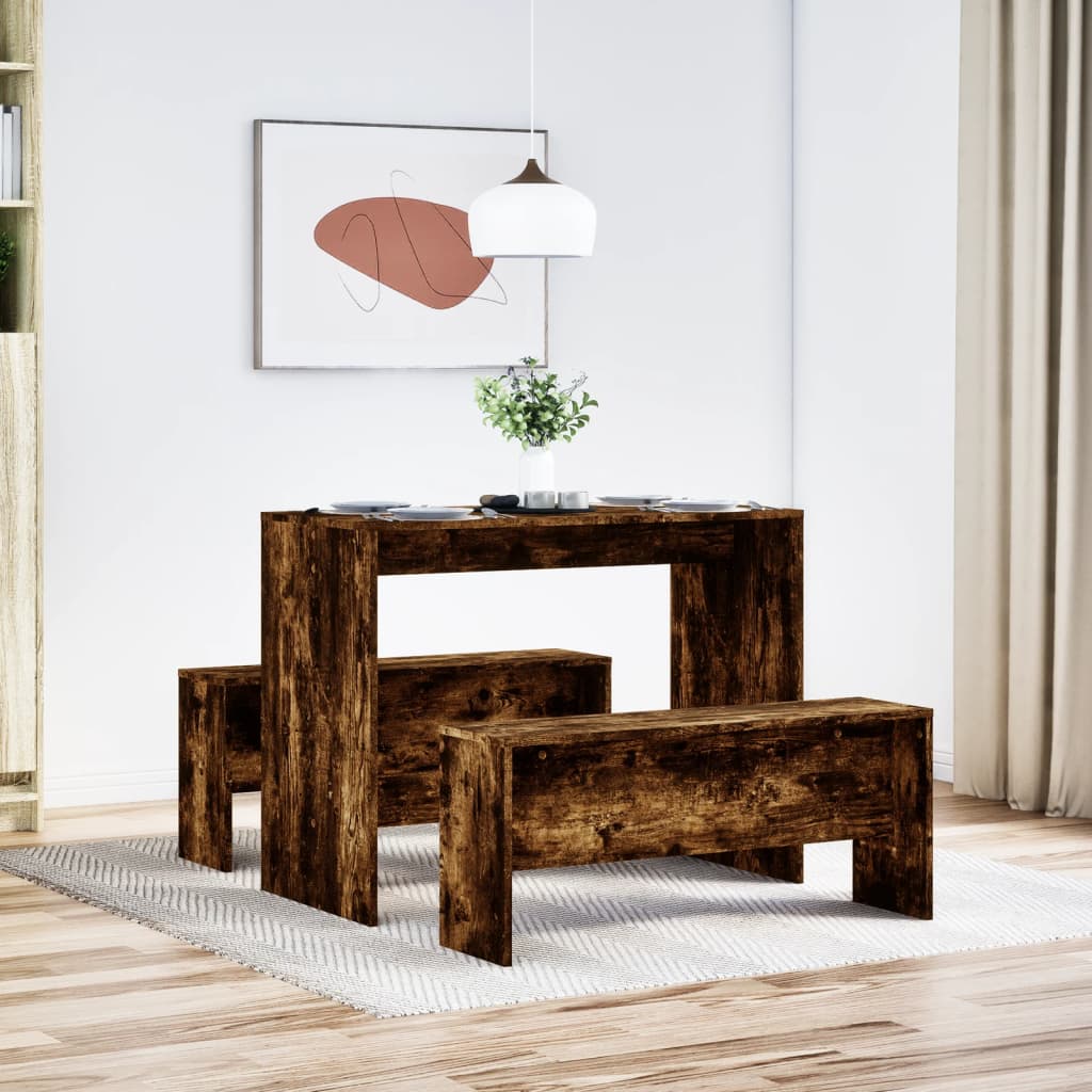 vidaXL 3-delige Eettafel en bankenset bewerkt hout gerookt eikenkleur afbeelding