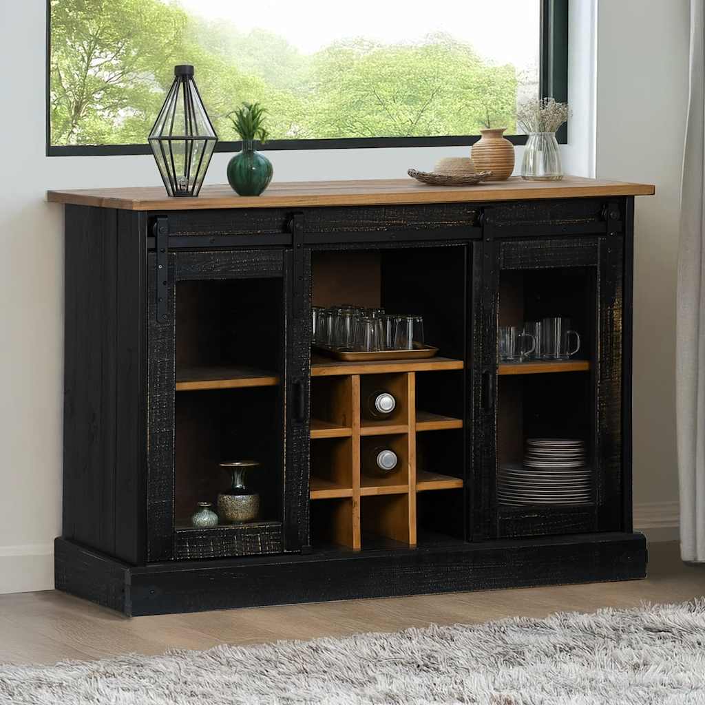 vidaXL Sideboard HALDEN 2 Schiebetüren Schwarz 112x40x80 cm Massivholz