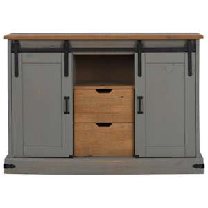 vidaXL skenkur HALDEN 2 rennihur&eth;ir Gr&aacute;ar 112x40x80 cm gegnheilum vi&eth;i