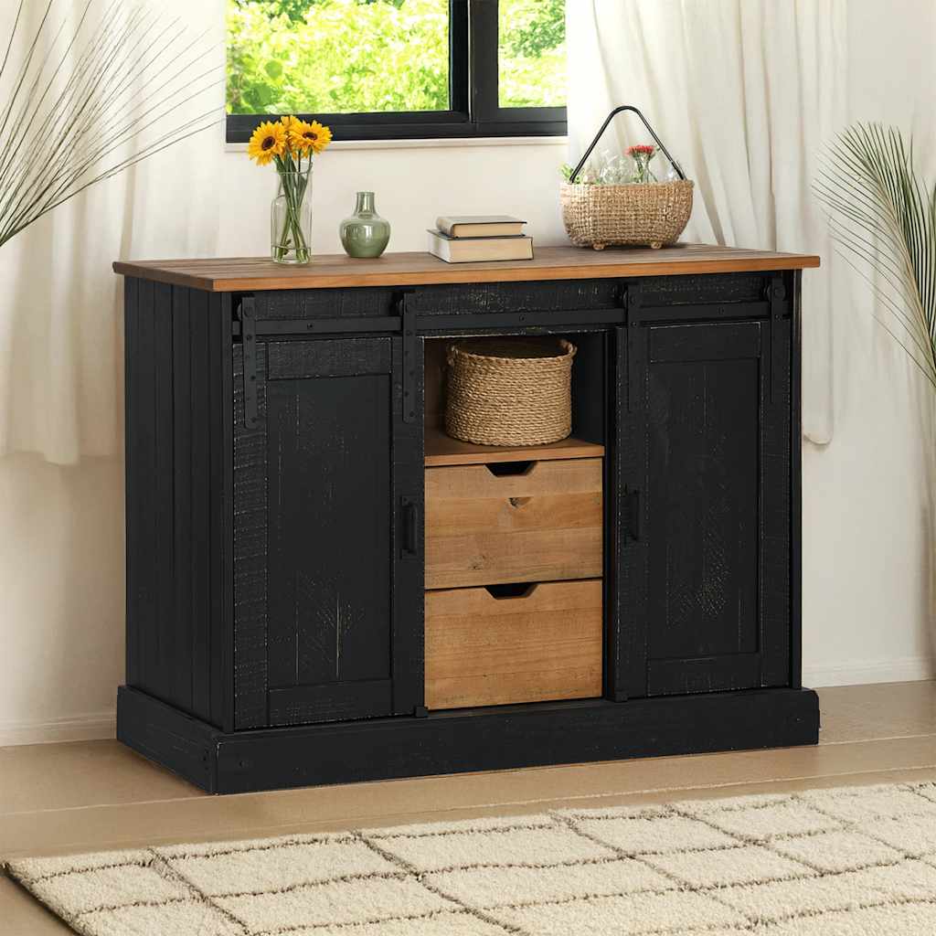 vidaXL Sideboard HALDEN 2 Schiebetüren Schwarz 112x40x80 cm Massivholz