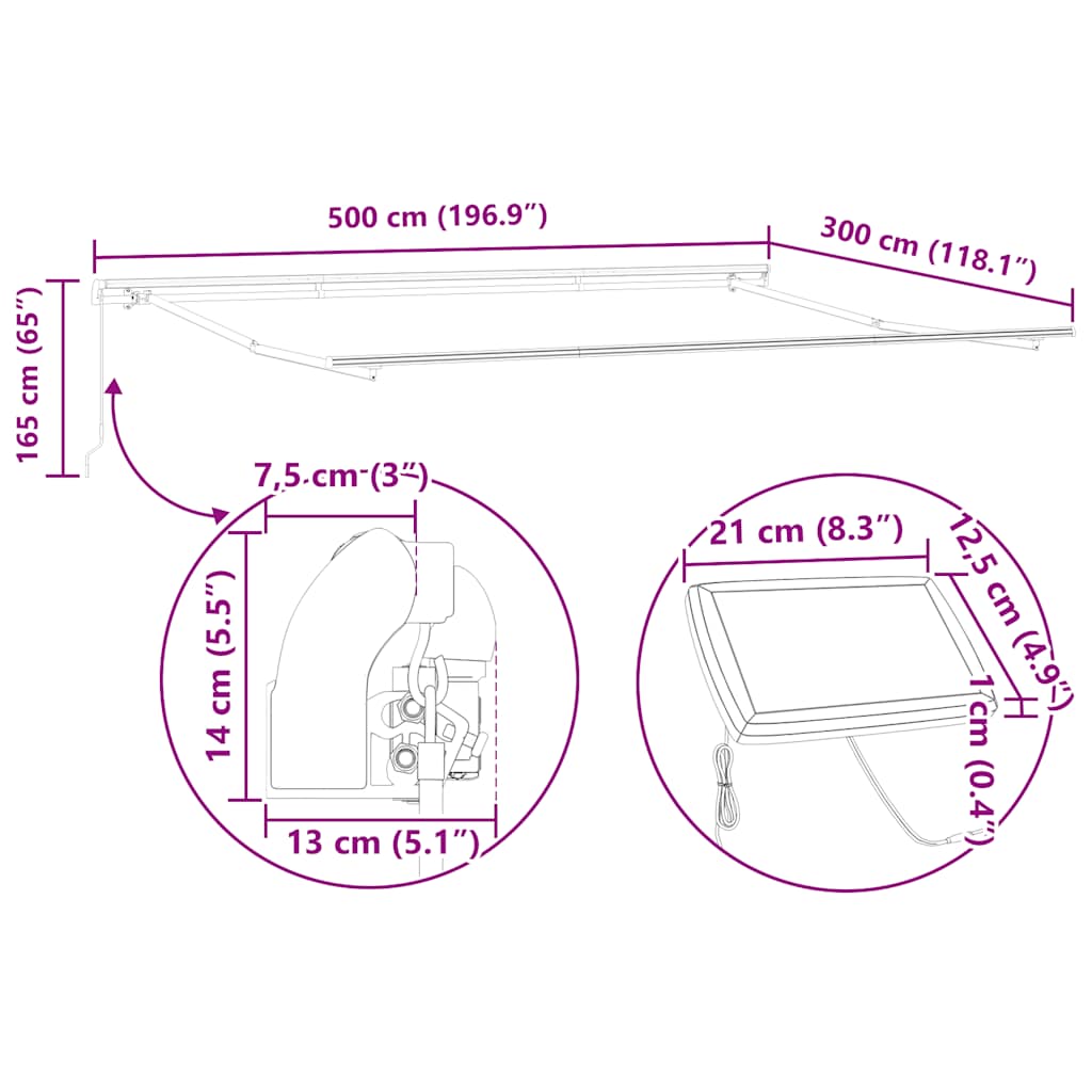 Luifel handmatig uittrekbaar met LED's 500x300 cm bordeauxrood image 14