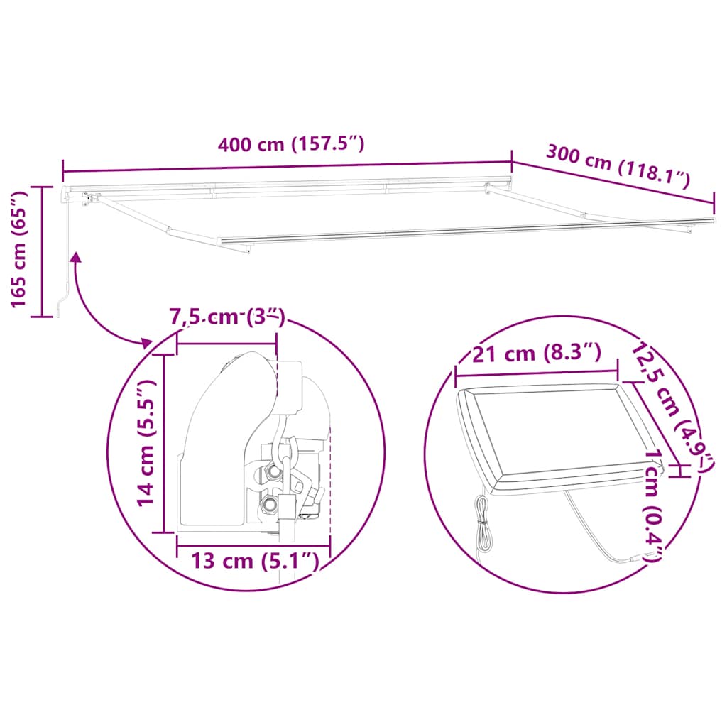 Luifel handmatig uittrekbaar met LED's 400x300 cm bruin image 14