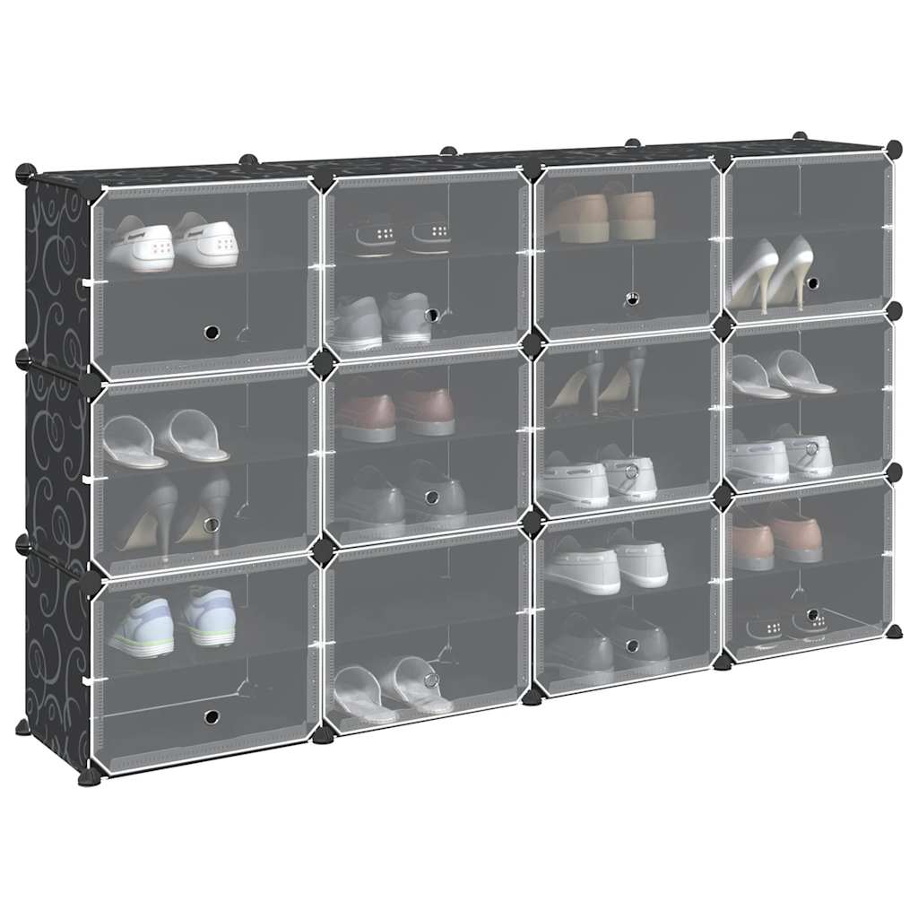 vidaXL Organizator cub de depozitare cu uși, 12 cuburi, negru, PP