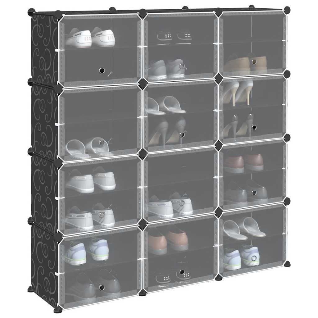 vidaXL Organizator cub de depozitare cu uși, 12 cuburi, negru, PP