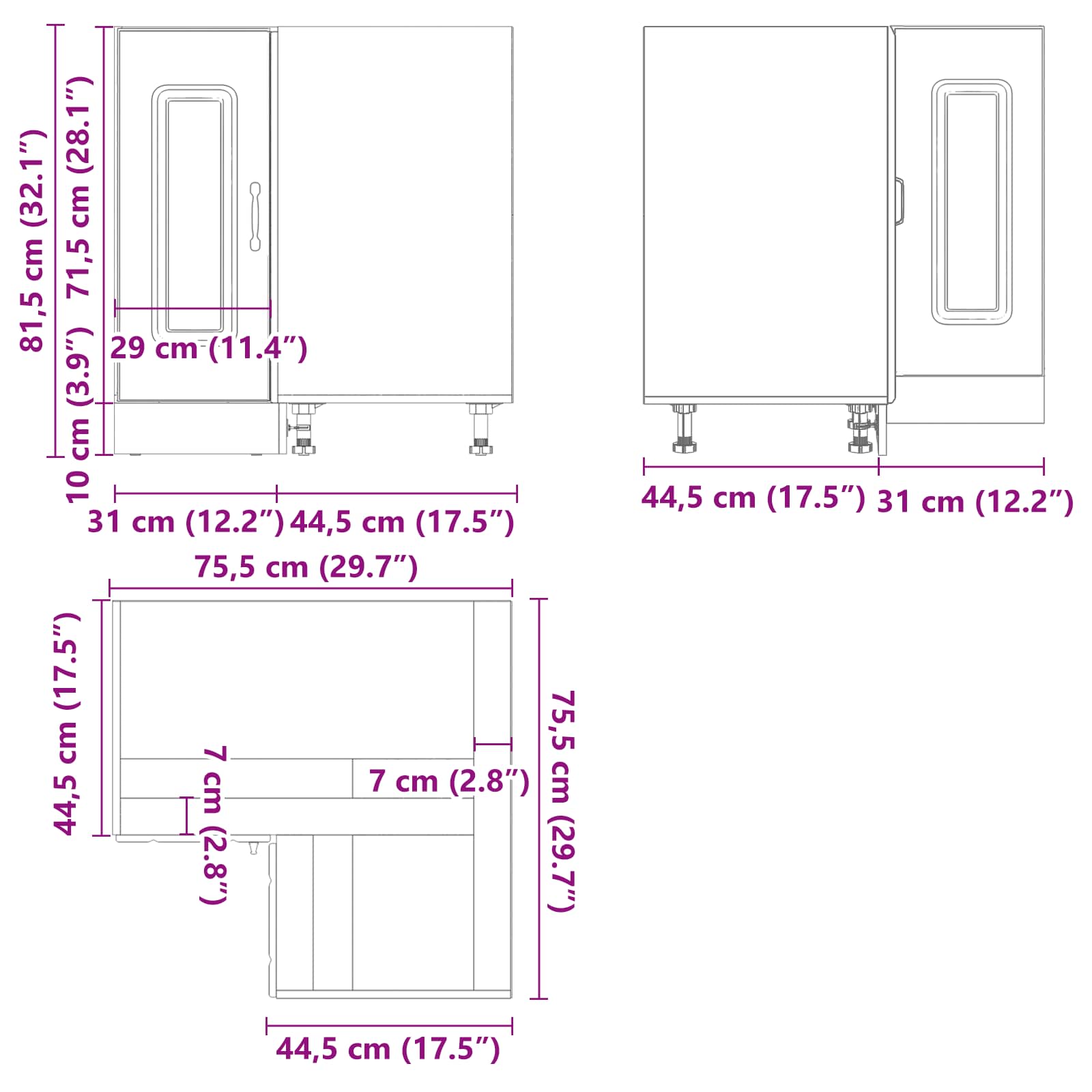 Kitchen Corner Base Cabinet "Kalmar" size guide