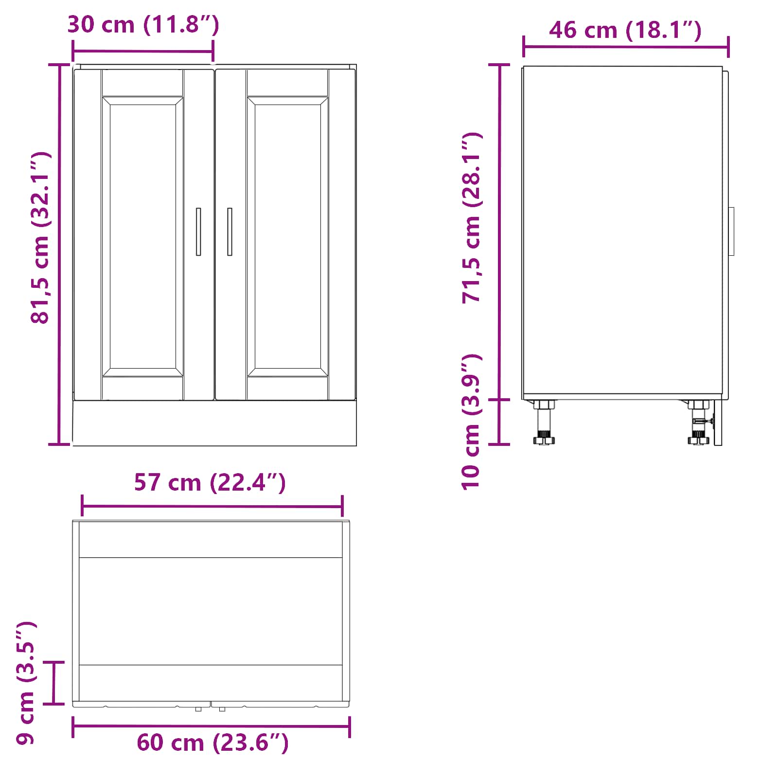 Kitchen Base Cabinet "Porto" size guide