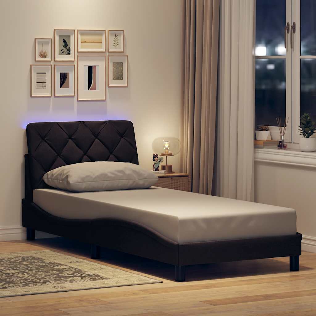 sengeramme med LED uden madras 90x190 cm stof mørkebrun