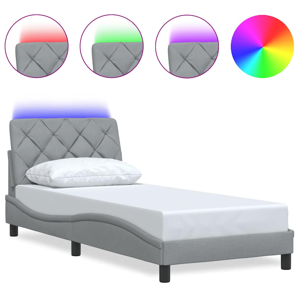 vidaXL Rám postele s LED bez matrace Světle šedá 90x200 cm Látka