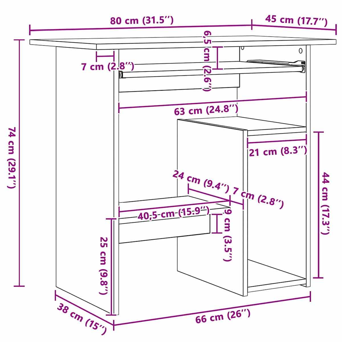 Skrivebord 80x45x74 cm konstrueret træ kunsteg - Billede 9