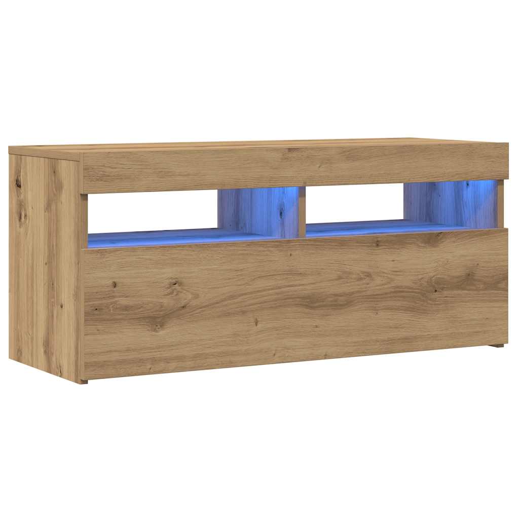 vidaXL Dulap TV cu LED stejar artizanal 90x35x40 cm lemn prelucrat