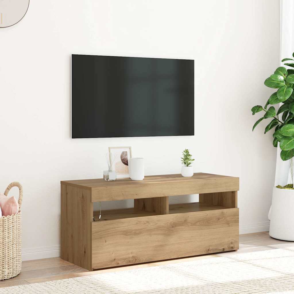 vidaXL Dulap TV cu LED stejar artizanal 90x35x40 cm lemn prelucrat