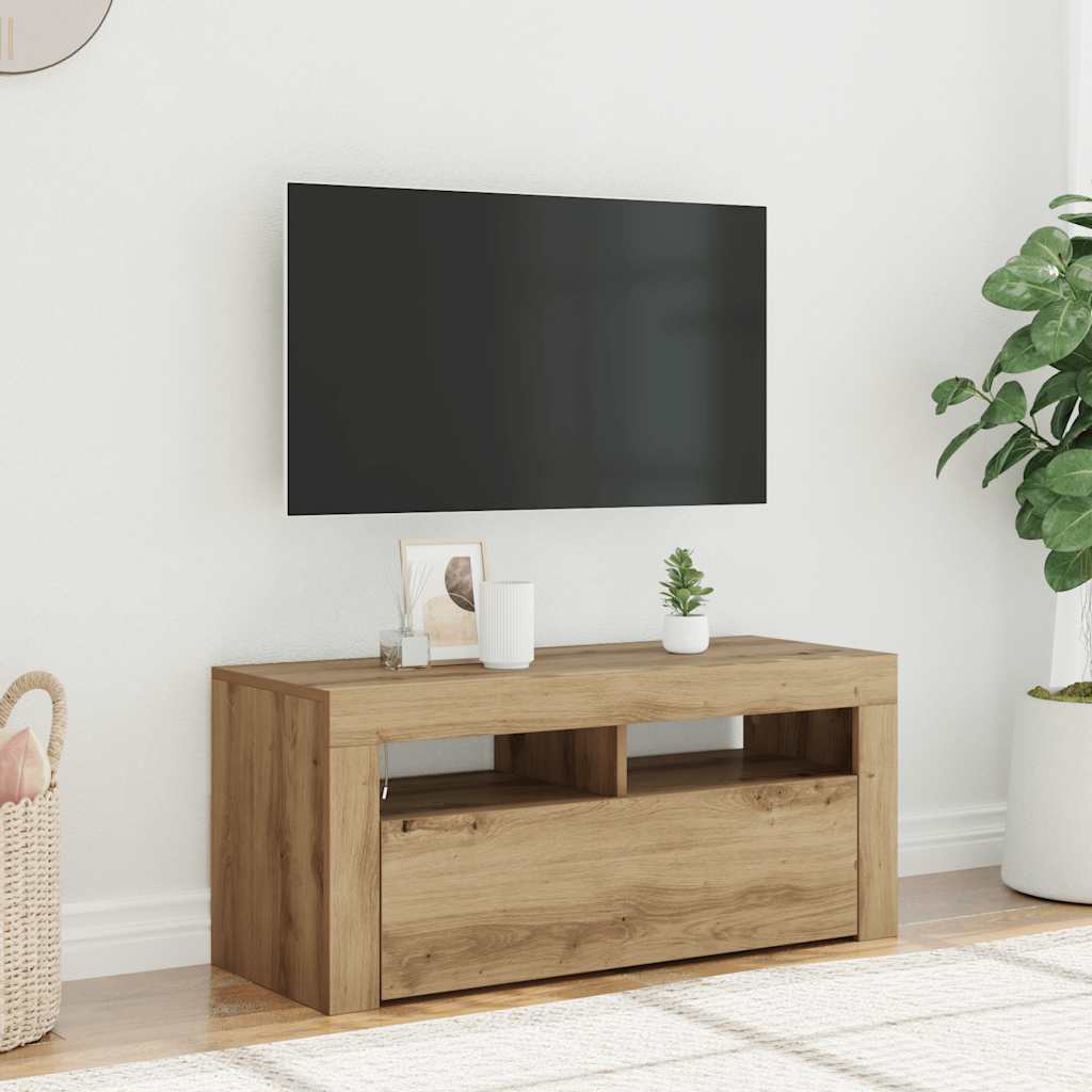 vidaXL Dulap TV cu LED stejar artizanal 90x35x40 cm lemn prelucrat