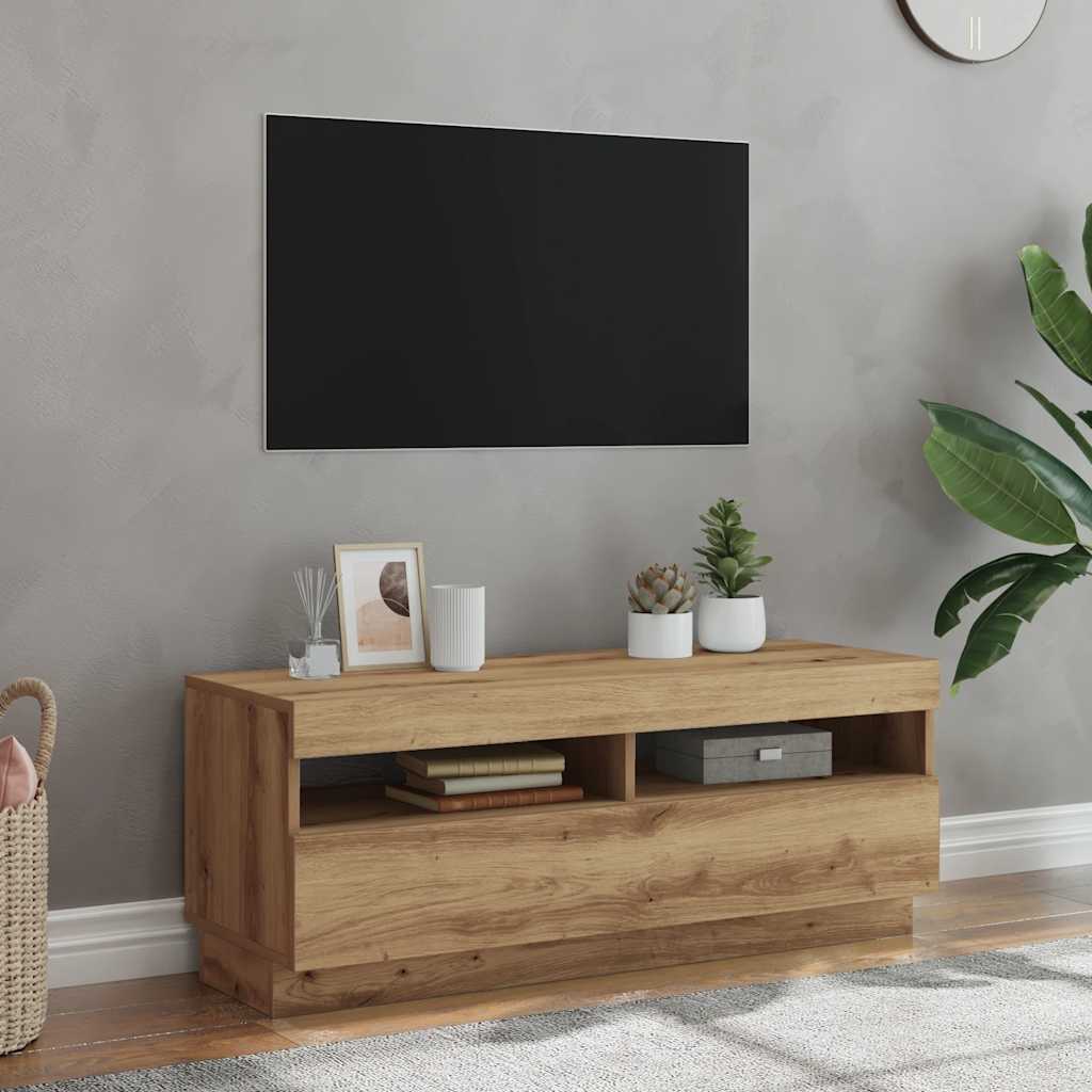 vidaXL Dulap TV lumini LED stejar artizanal 100x35x40cm lemn prelucrat