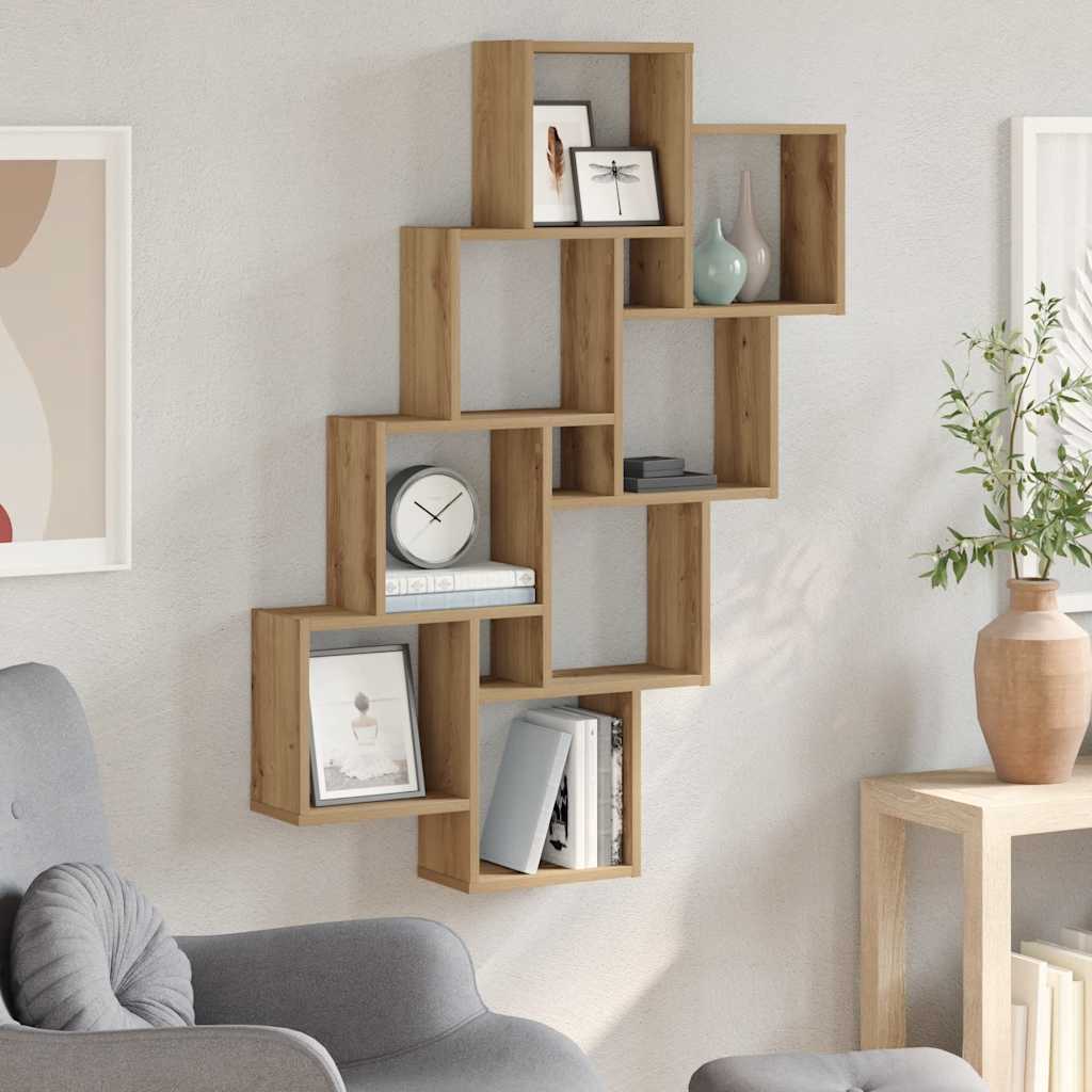 vidaXL kézműves tölgy színű szerelt fa fali kocka polcok 90x15x119,5cm