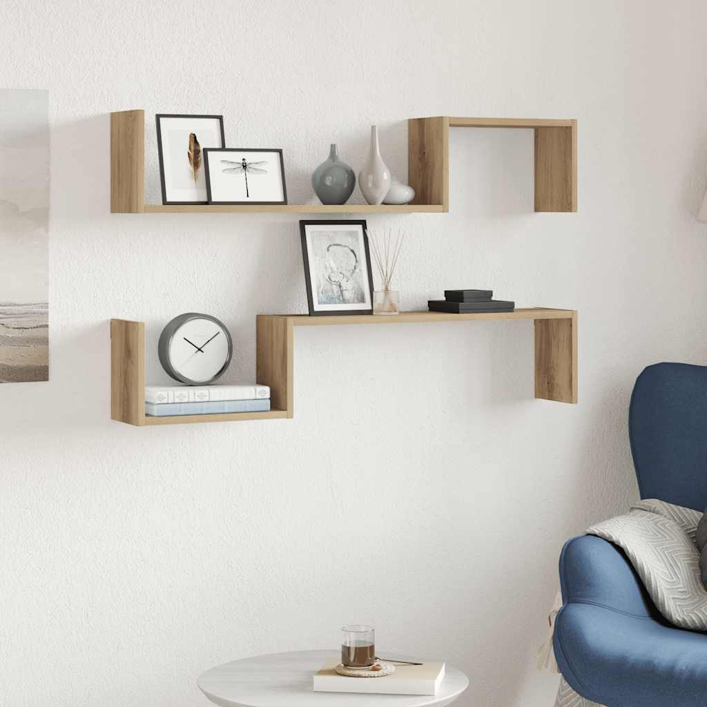 vidaXL 2 db kézműves tölgyszínű szerelt fa fali kockapolc 100x15x20 cm