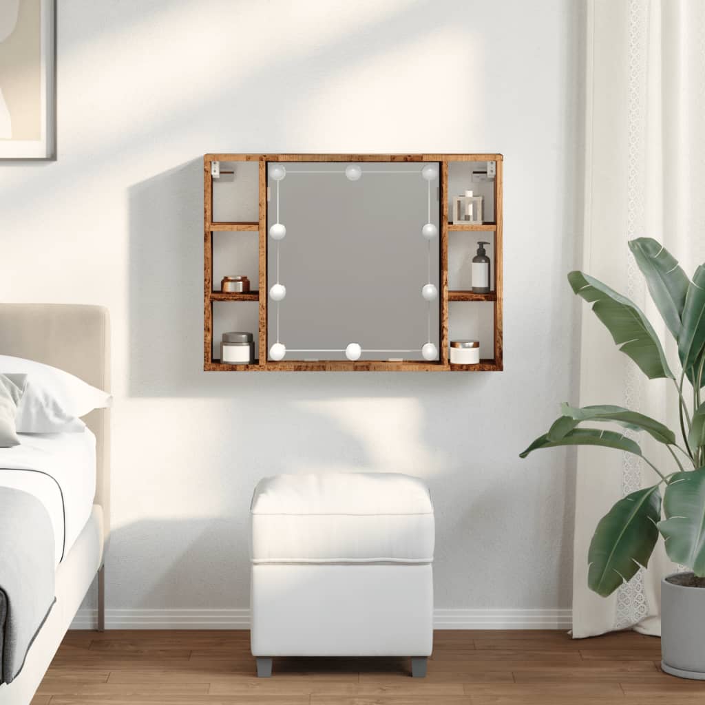 vidaXL Zrkadlová skrinka s LED staré drevo 76x15x55cm kompozitné drevo