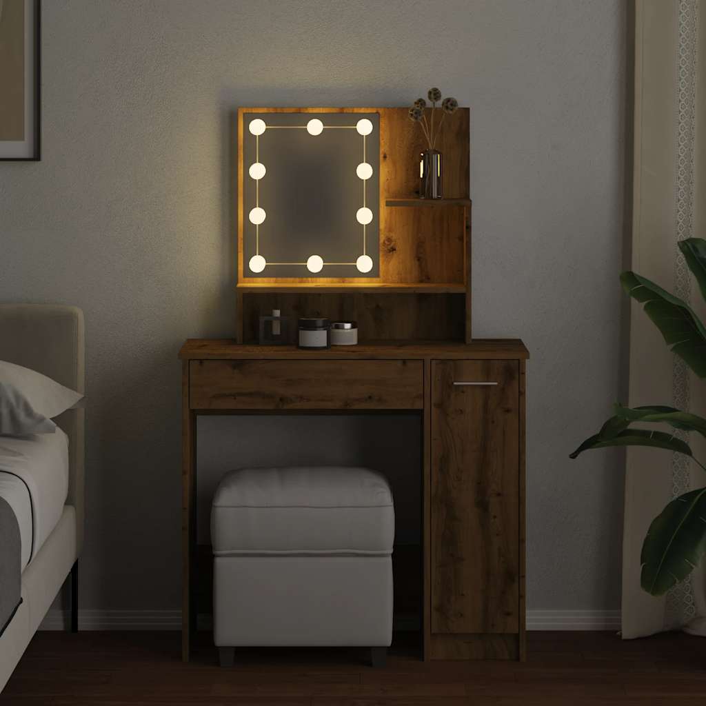 Thumbnail - vidaXL Schminktisch mit LED-Leuchten Artisan-Eiche 86,5x35x136 cm