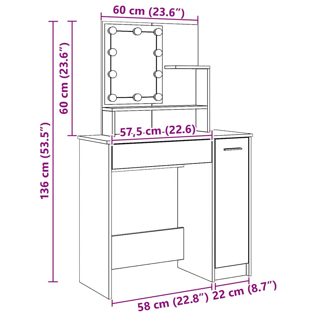 Toaletní stolek s LED dub artisan 86,5x35x136 cm - obrázek 17