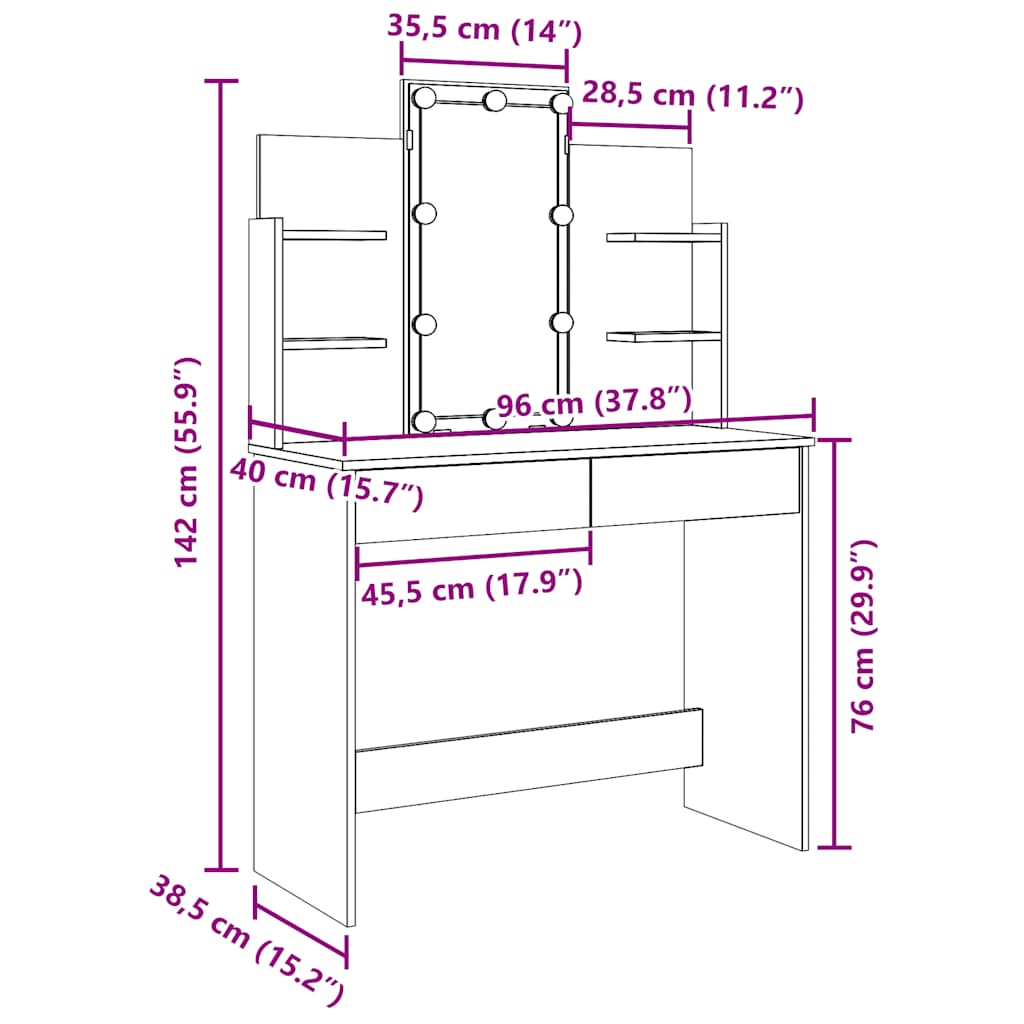 Toaletní stolek s LED osvětlením old wood 96 x 40 x 142 cm - obrázek 17