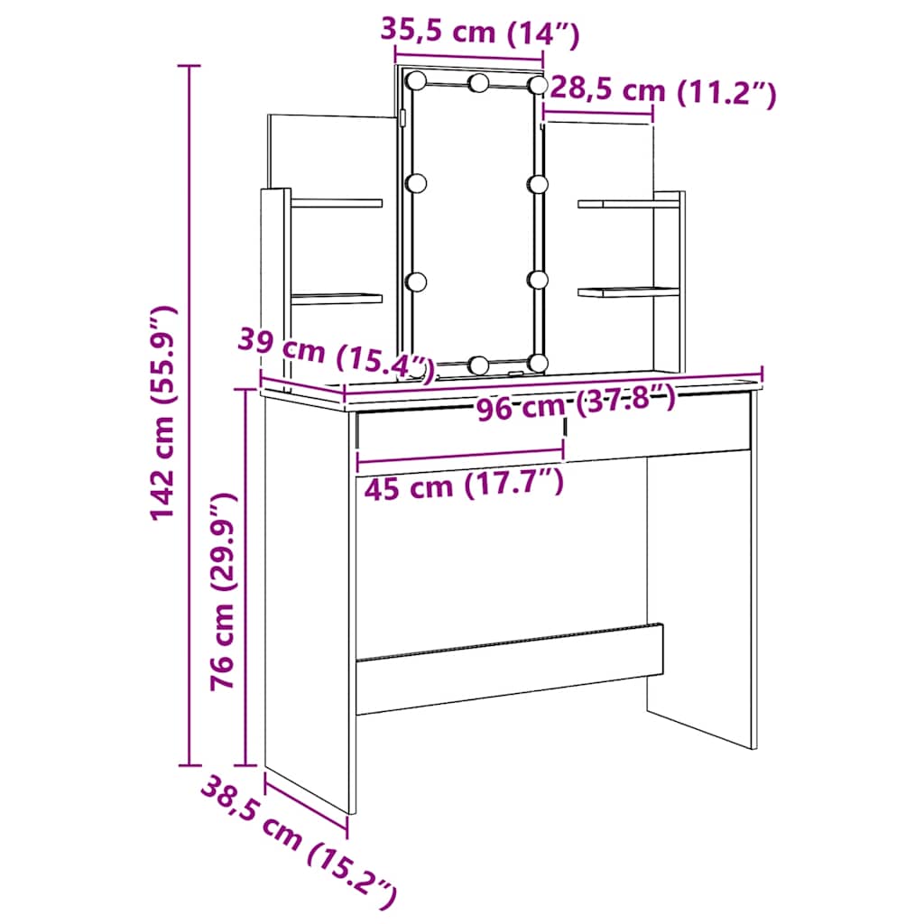 Toaletní stolek s LED osvětlením dub artisan 96 x 40 x 142 cm - obrázek 16