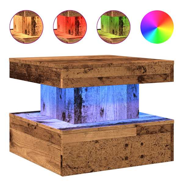vidaXL LED-tuledega kohvilaud, vana puit, 50 x 50 x 40 cm