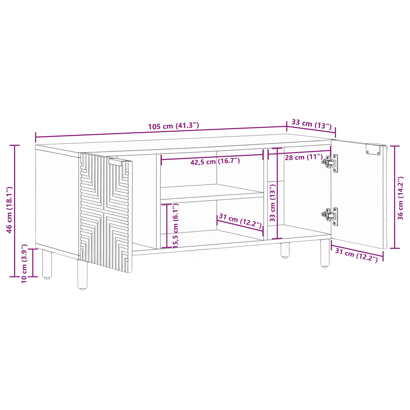 TV Cabinet Solid Wood Acacia size guide