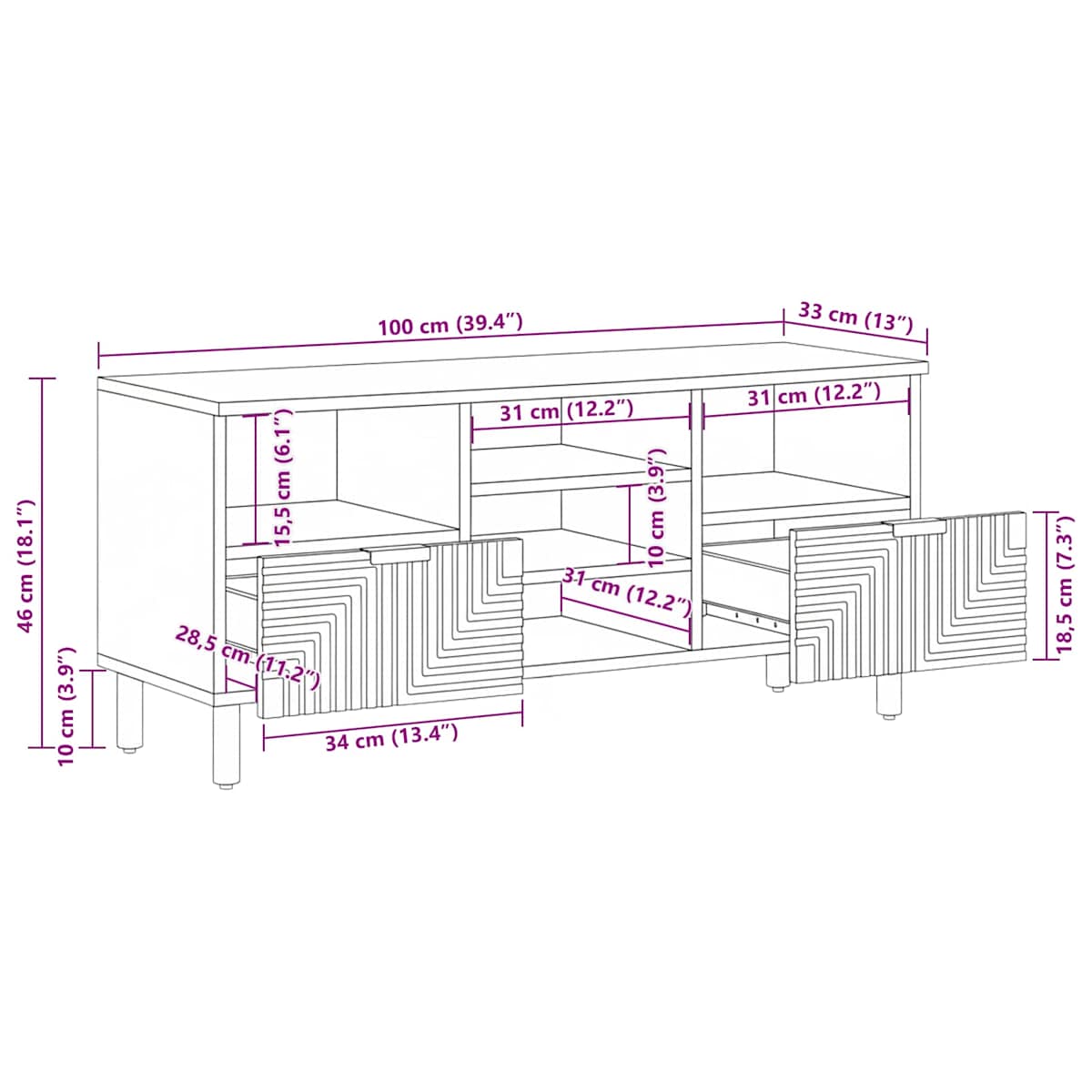 TV-skab Solid Acacia Wood 100 x 33,5 x 46 cm - Billede 11
