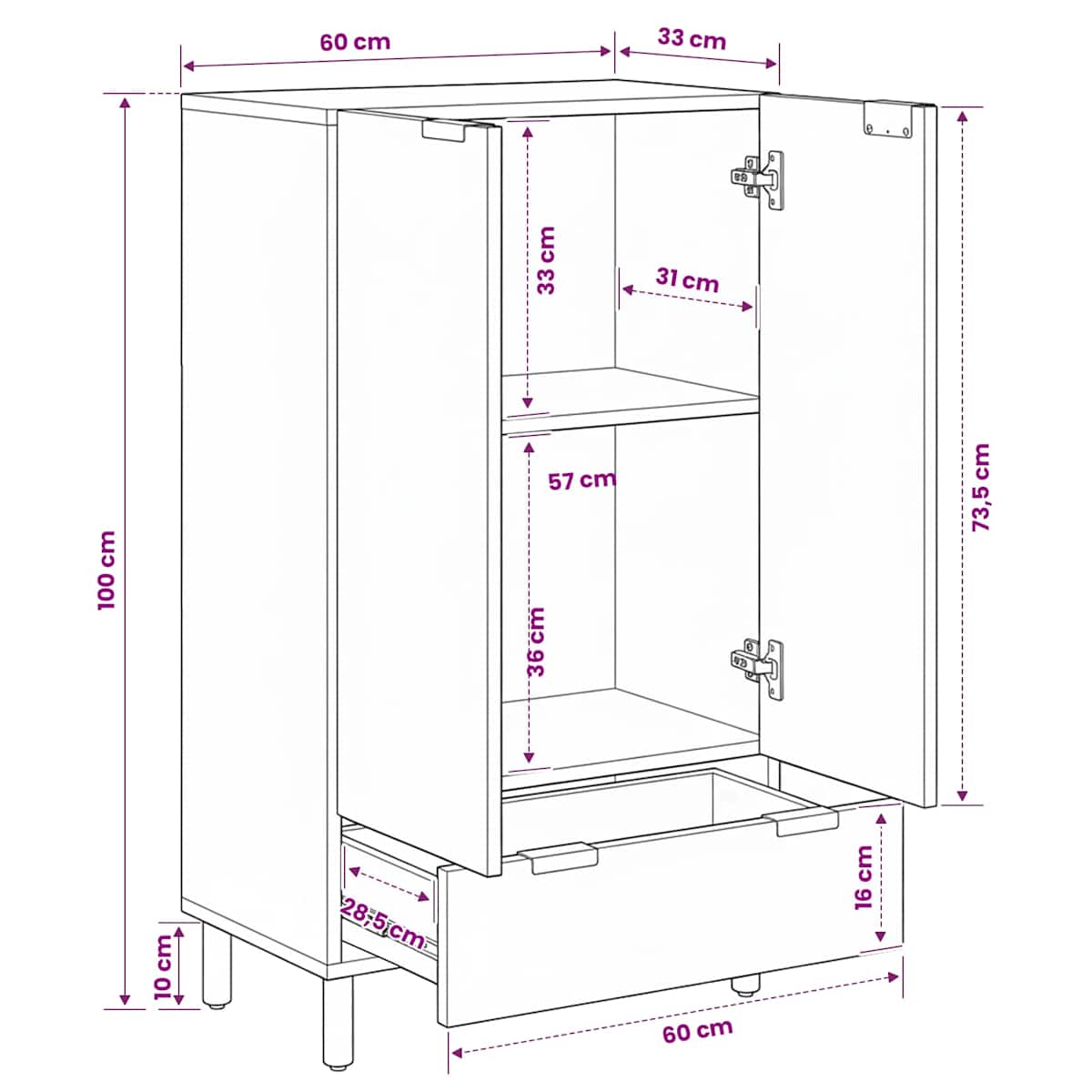 Highboard Hvid Vask Finish 60 x 33 x 100 cm Massivt mangotræ - Billede 11