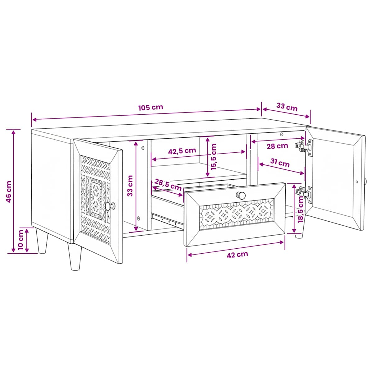 TV Enheder med skuffe 105 x 33 x 46 cm Konstrueret træ - Billede 11