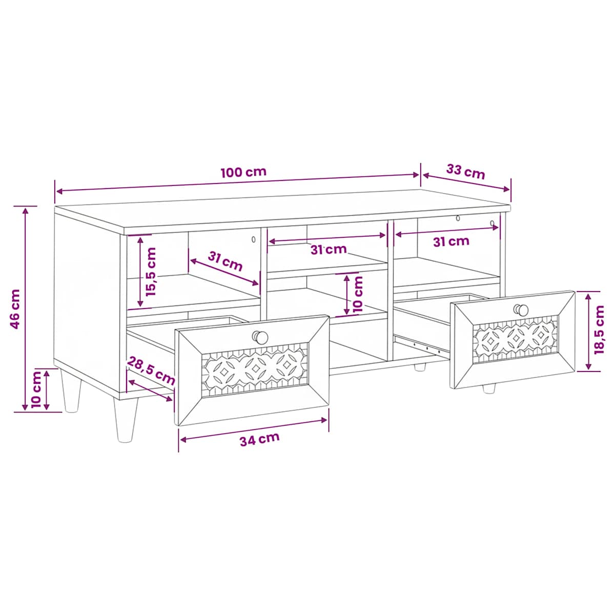 TV-skab med skuffe Bleg 100 x 33 x 46 cm Massivt mangotræ - Billede 11