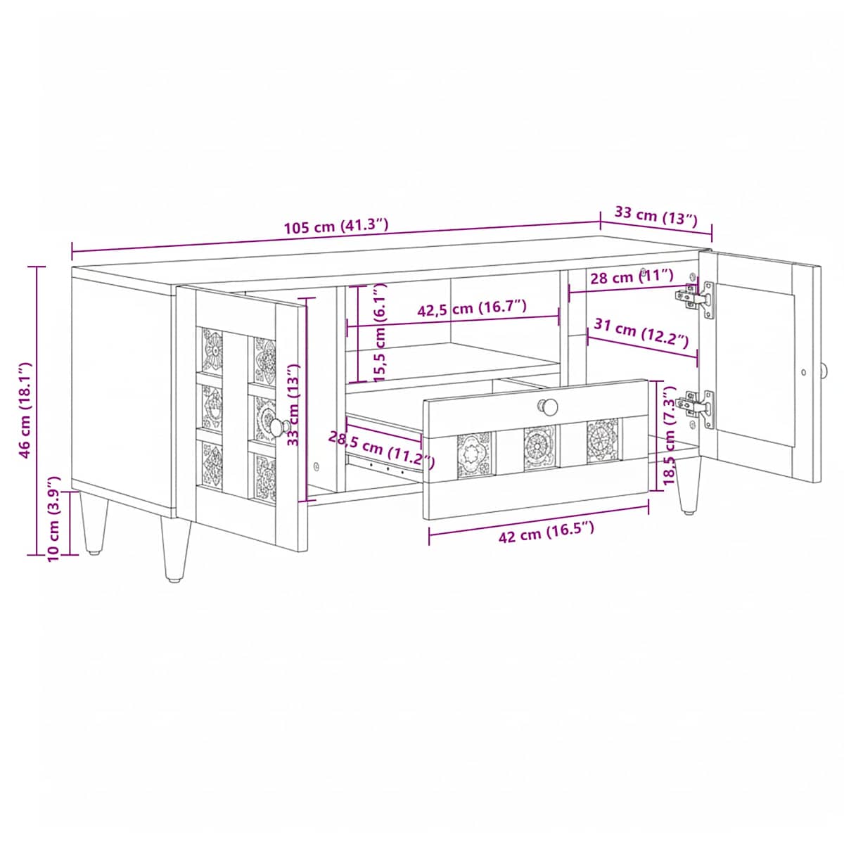 TV-skab med dør 105 x 33,5 x 46 cm Massivt mangotræ - Billede 11