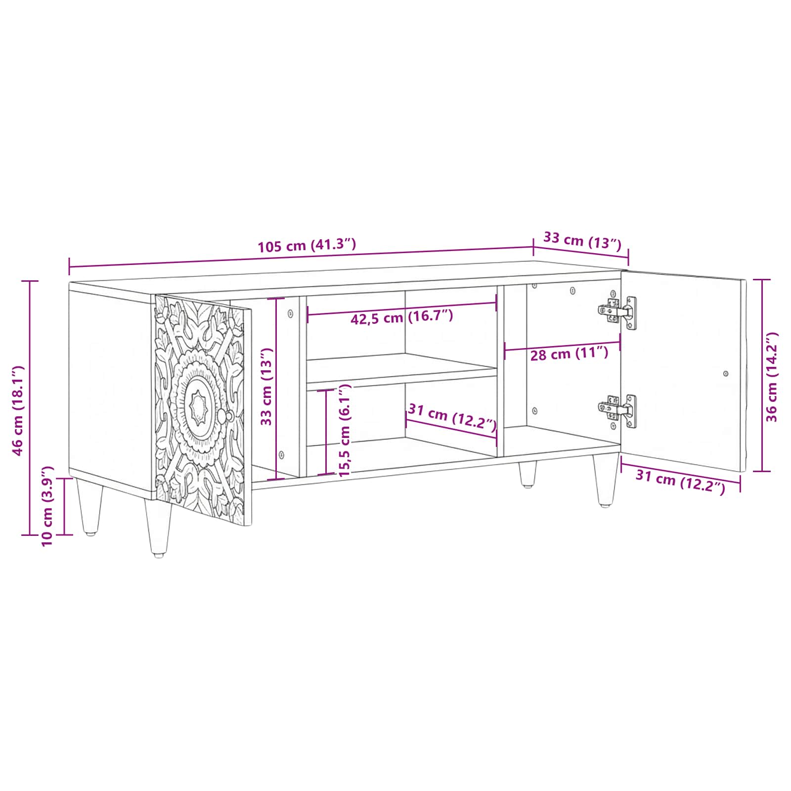 TV-kast met opslag Bruin 105 x 33,5 x 46 cm Massief Mango Hout image 11