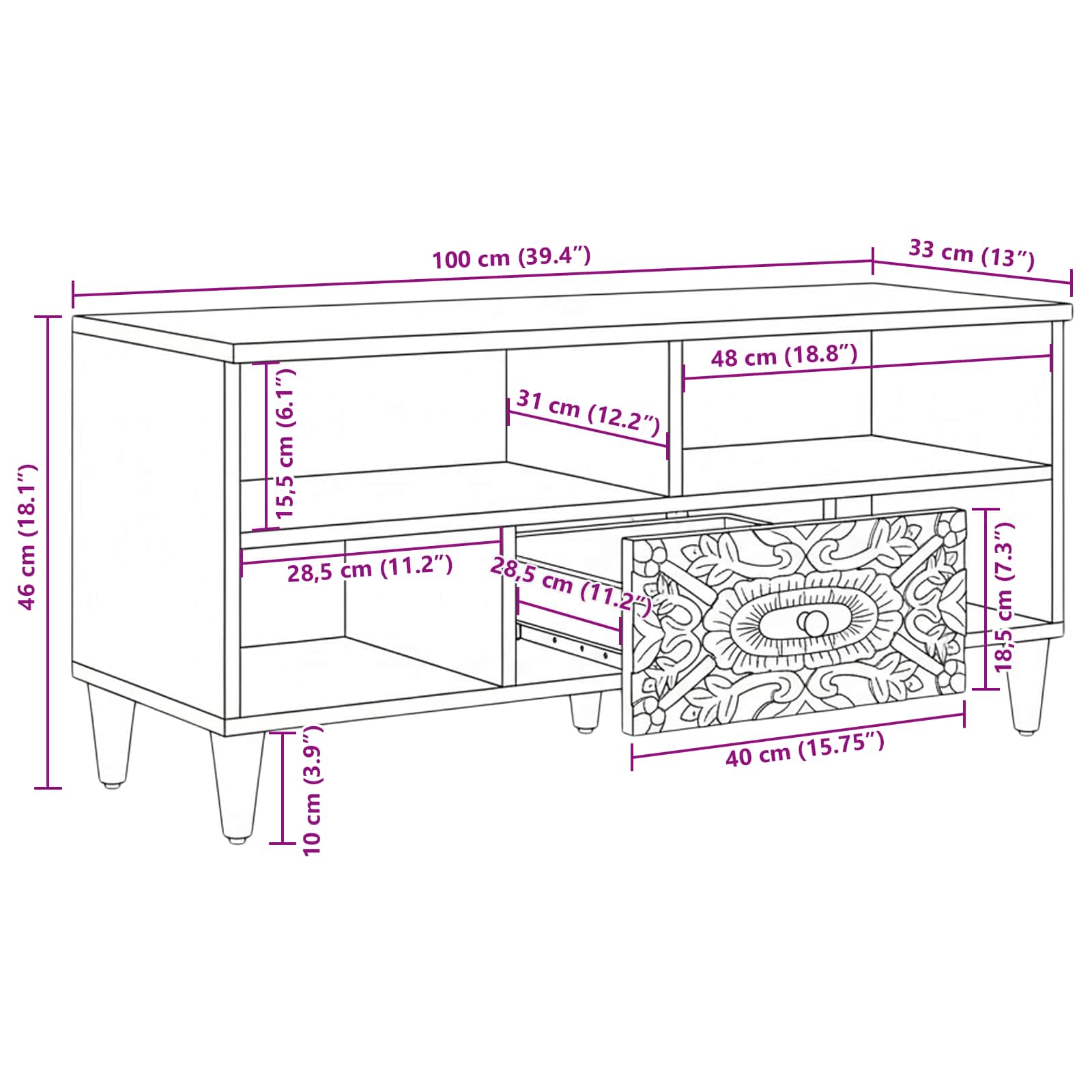 TV-kast met lade Bruin 100 x 33,5 x 46 cm Massief Mango Hout image 11