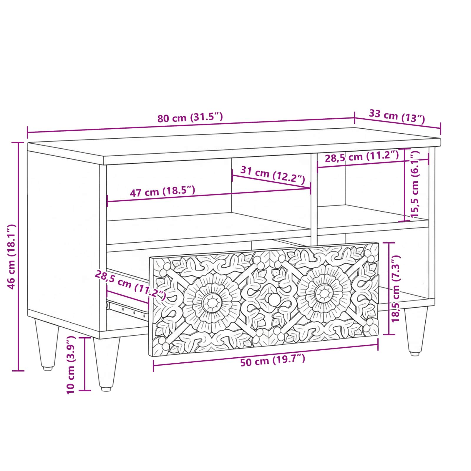 TV-kast met lade Bruin 80 x 33,5 x 46 cm Massief Mango Hout image 12