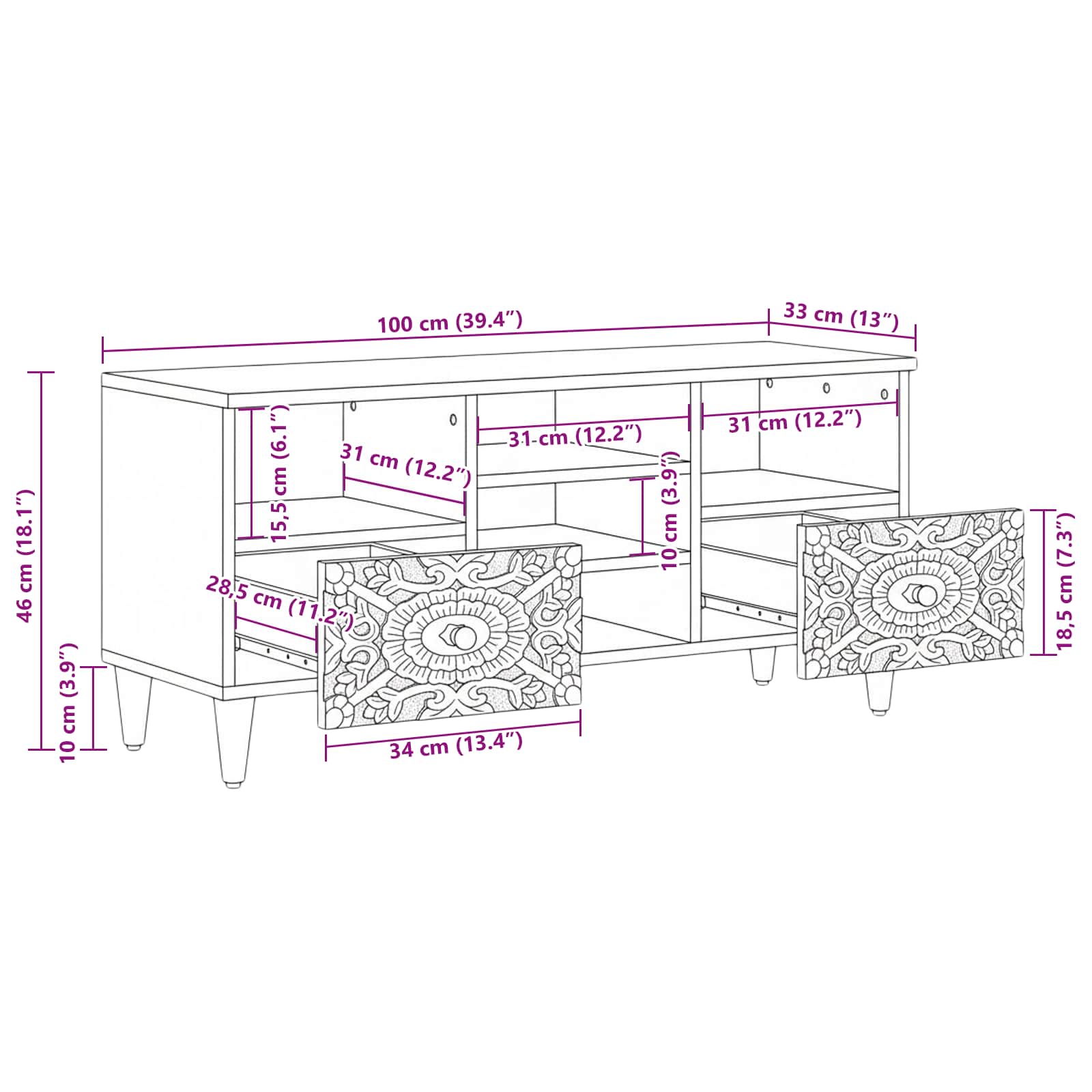 TV-kast met lade Bruin 100 x 33,5 x 46 cm Massief Mango Hout image 11