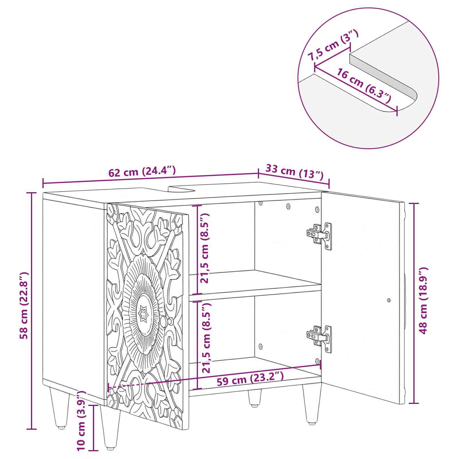 Badkamer wastafelkast Bruin 62 x 33 x 58 cm Massief Mango Hout image 12