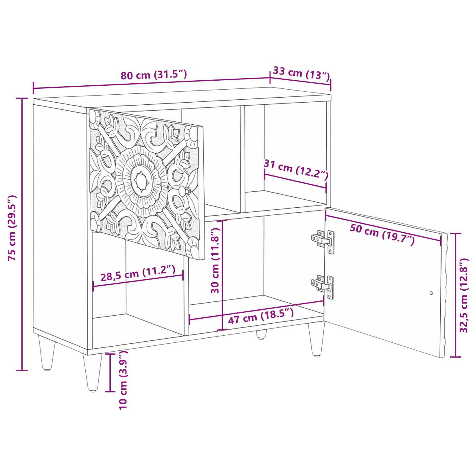 Dressoir met opslag Bruin 80 x 33,5 x 75 cm Massief Mango Hout image 12