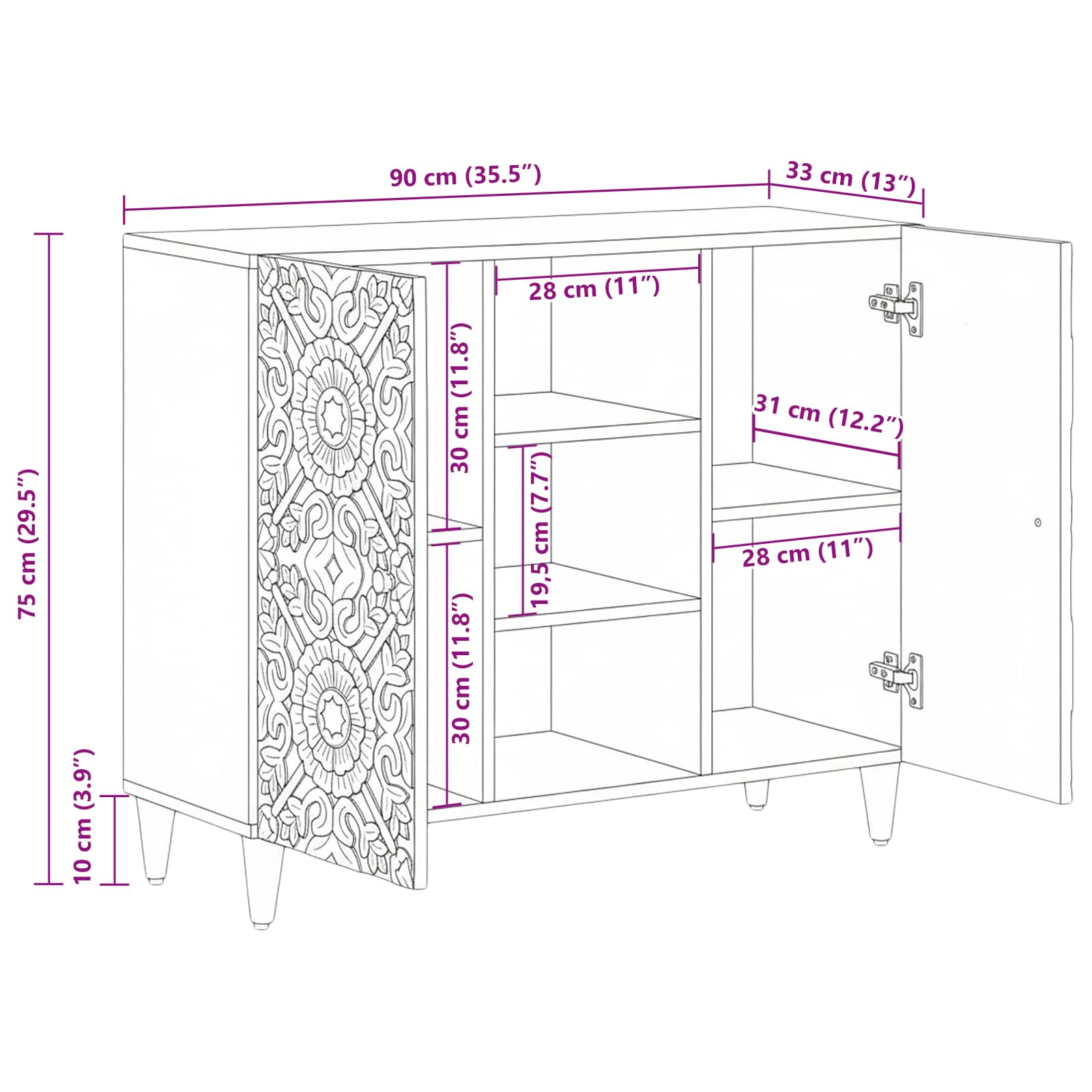 Dressoir met plank Bruin 90 x 33,5 x 75 cm Massief Mango Hout image 11