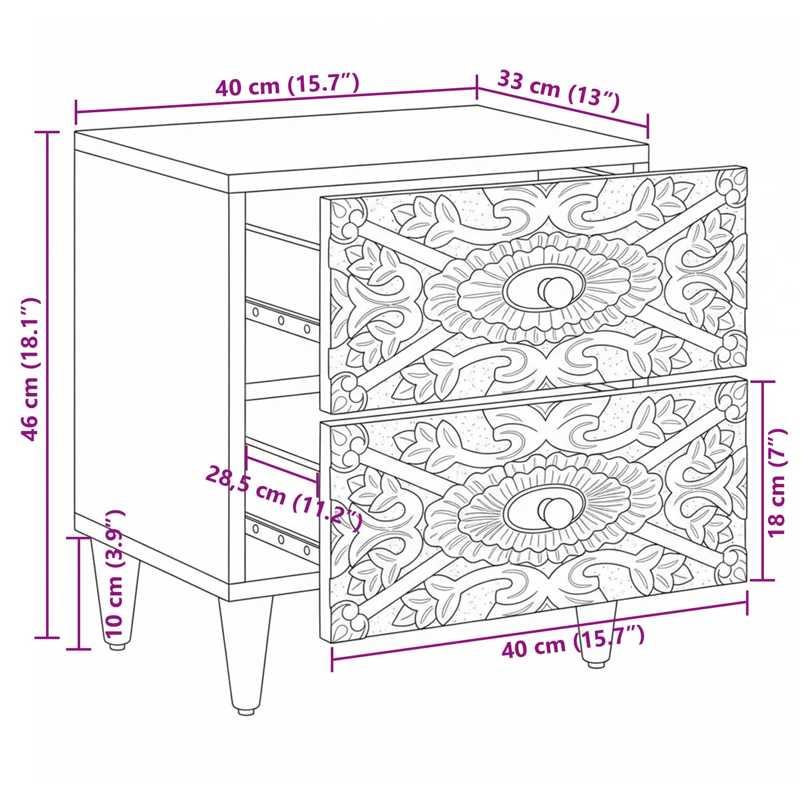 Nachtkastje met lade Wit 40 x 33,5 x 46 cm Massief Mango Hout image 11
