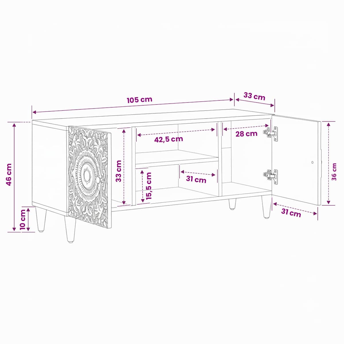 TV-skab 105 x 33,5 x 46 cm Massivt mangotræ - Billede 11