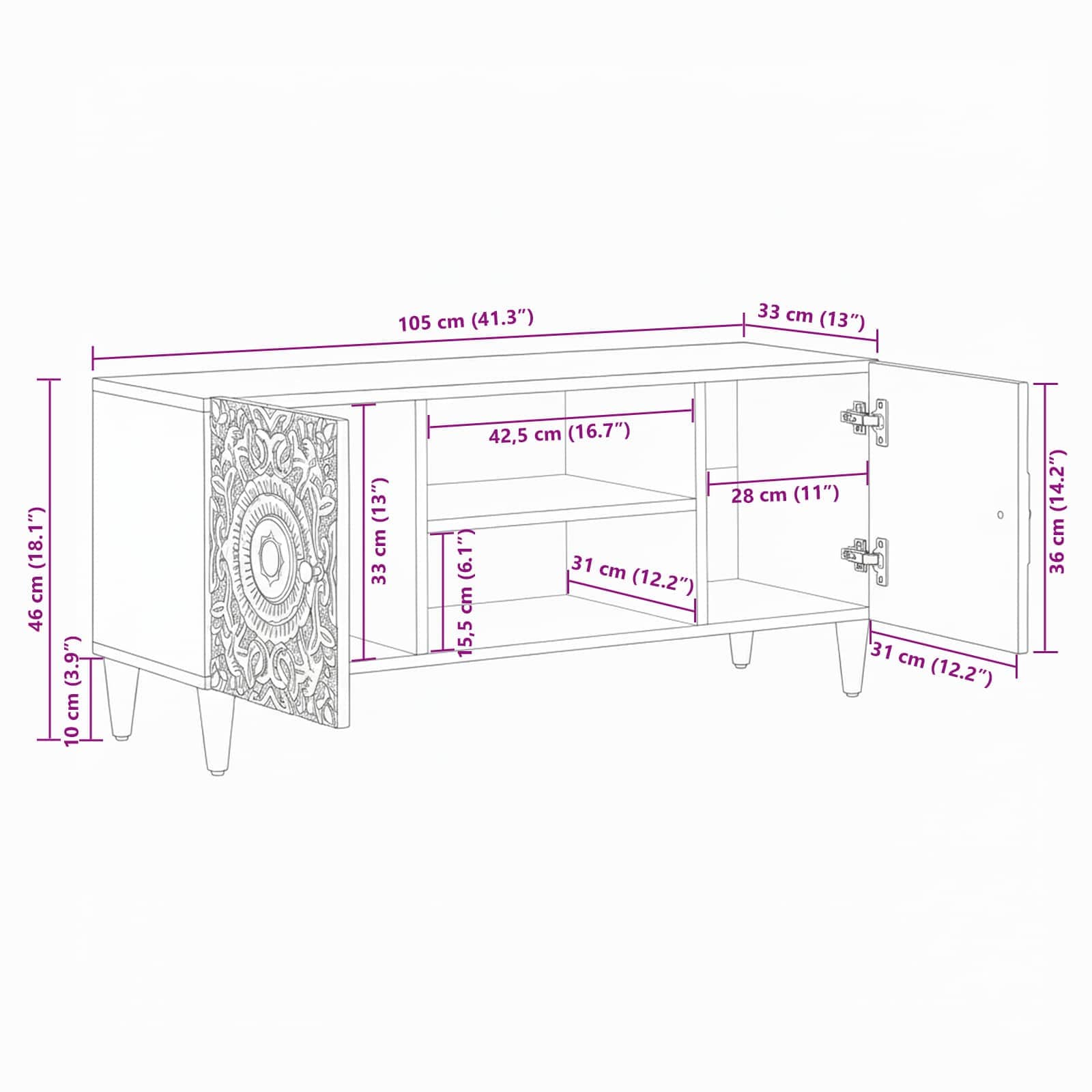 TV omarica Bela 105 x 33,5 x 46 cm Masiven les manga - slika 11