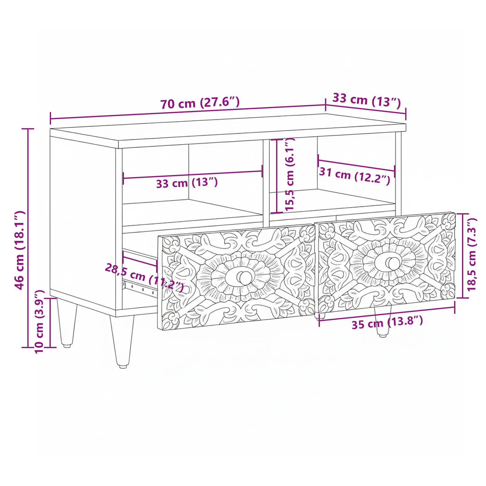TV-kast met opslag Wit 70 x 33,5 x 46 cm Massief Mango Hout image 11