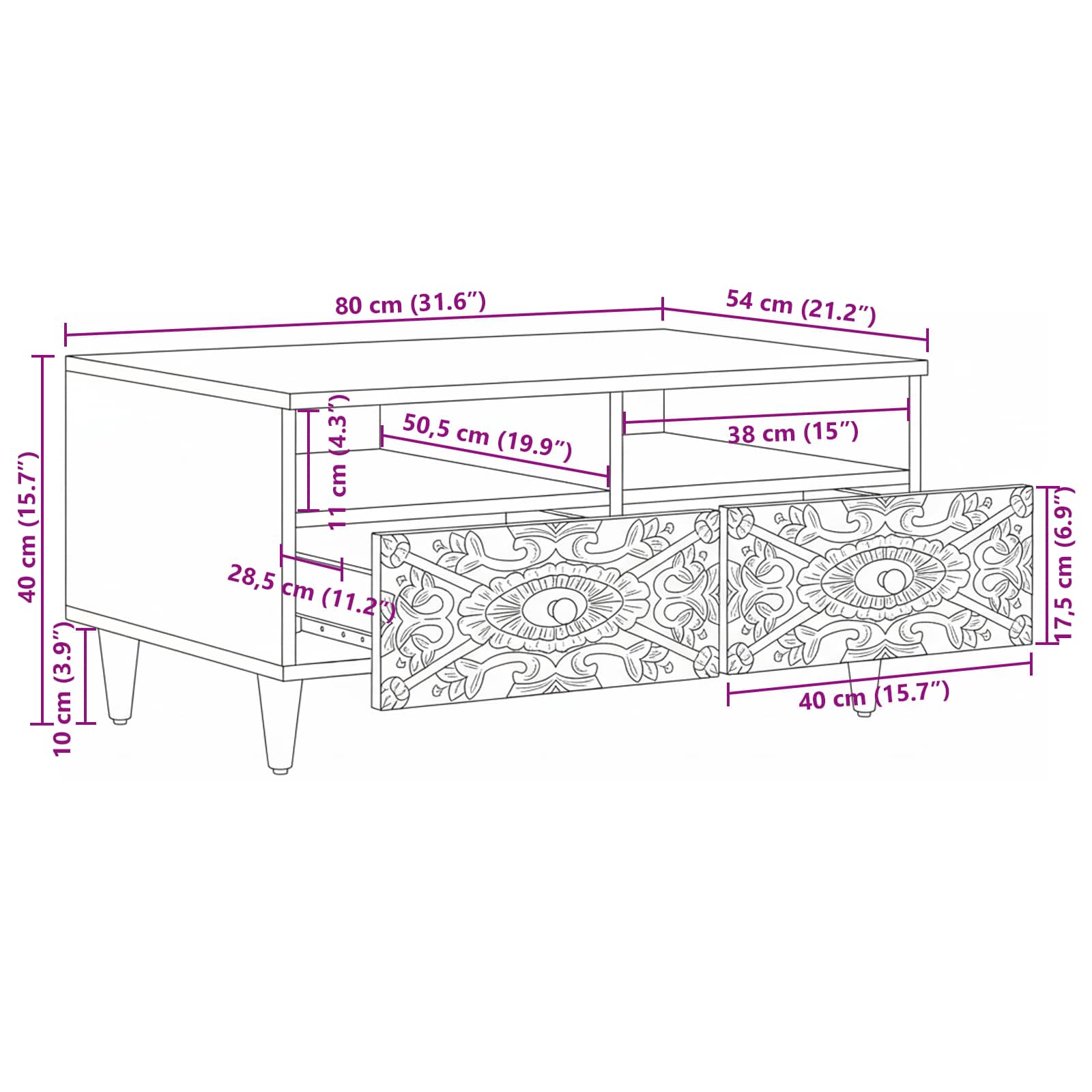Salontafel met lade Wit 80 x 54 x 40 cm Massief Mango Hout image 11