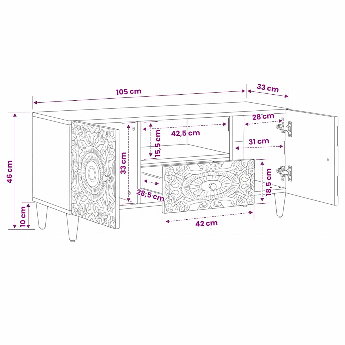 TV-skab 105 x 33,5 x 46 cm Massivt mangotræ - Billede 11