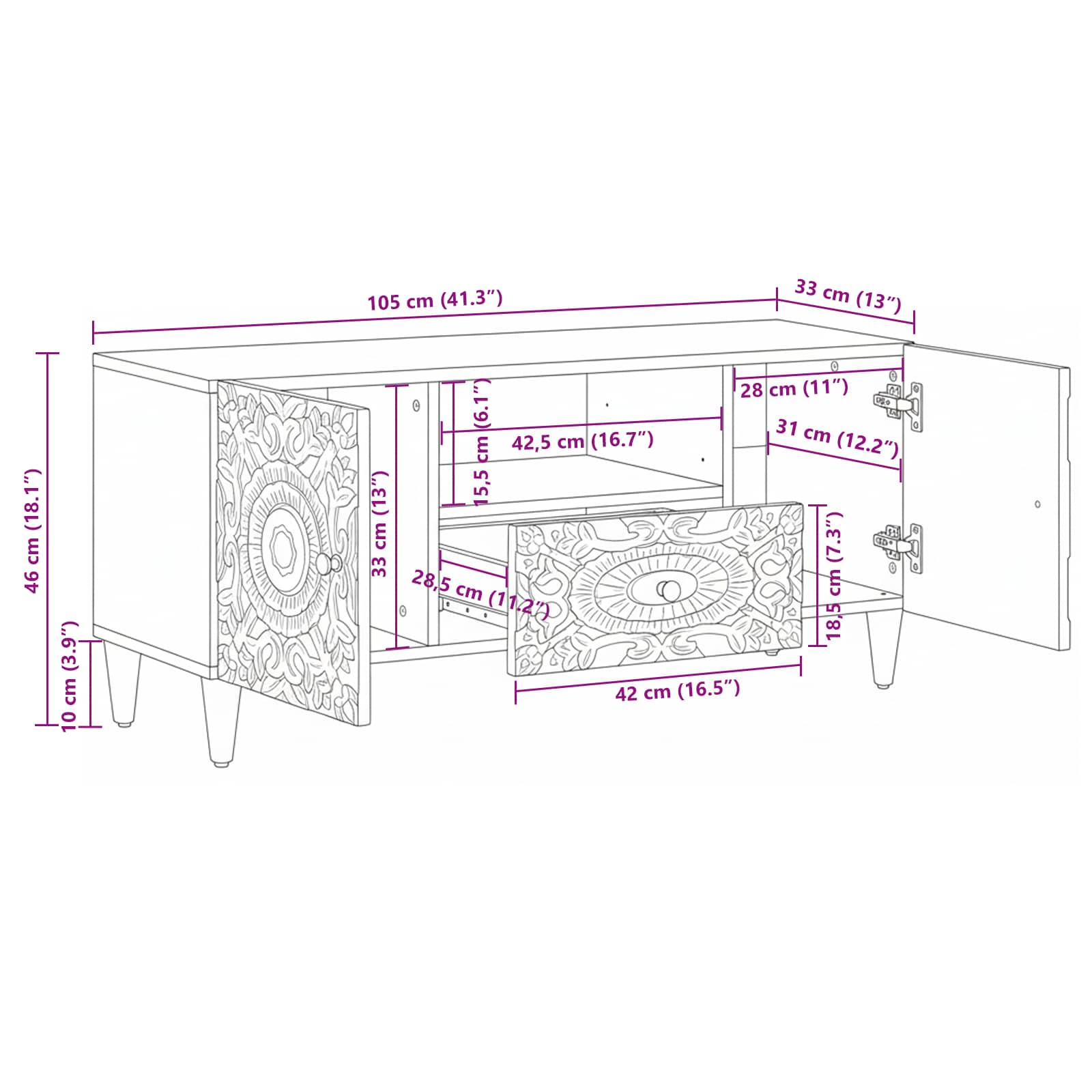 TV-kast met lade Wit 105 x 33,5 x 46 cm Massief Mango Hout image 11